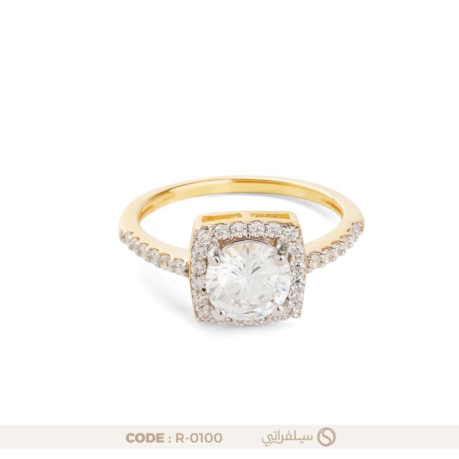 خاتم هالة فضة عيار 925 مرصع بالزركون مطلي بالروديوم والذهب والأسود (R-0100)
