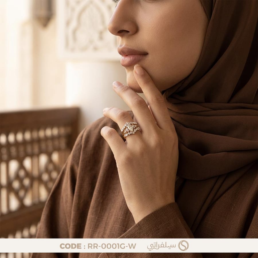 خاتم توينز قمر فضة عيار 925 بفصوص زركون بلمعان الألماس مطلي روديوم وماء الذهب (RR-0001G-W)