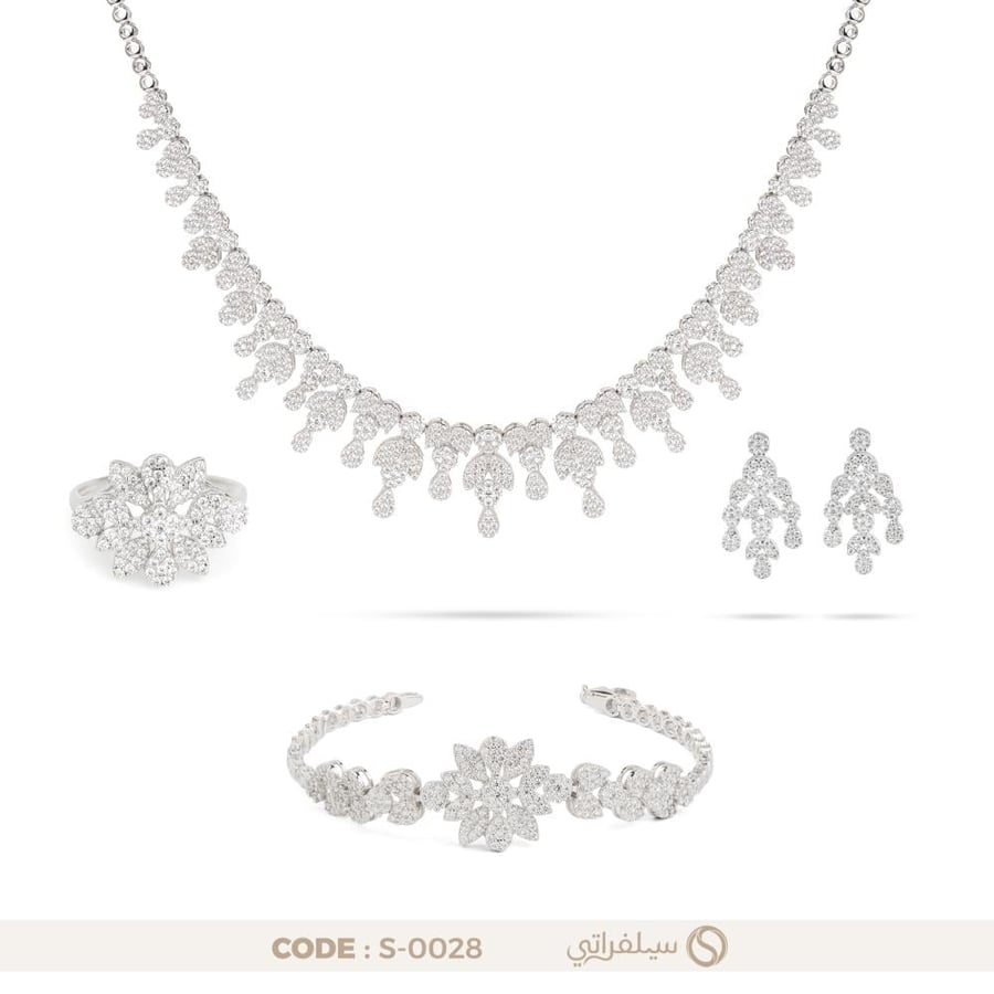 طقم الثريا فضة عيار 925 مرصع بالزركون مطلي روديوم (S-0028)