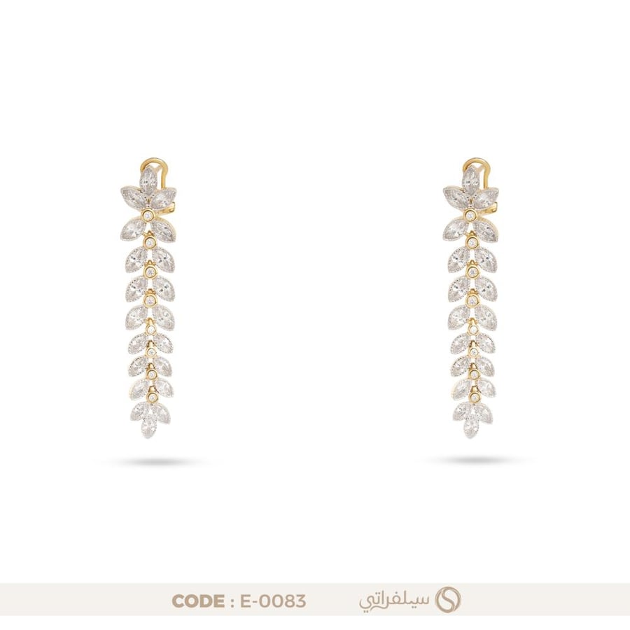 حلق متدلي بتصميم الأوراق، فضة عيار 925 مرصع بفصوص زركون، مطلي بالروديوم وماء الذهب (E-0083)