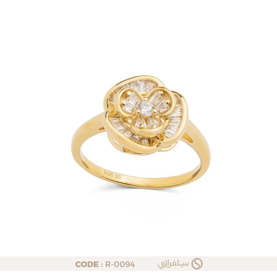 خاتم زهرة ملتفة فضة عيار 925 مرصع بالزركون مطلي روديوم وماء الذهب (R-0094)