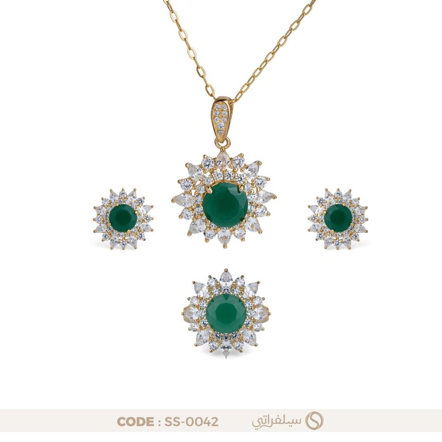 نصف طقم فضة عيار 925 بفص أخضر مرصع بالزركون مطلي روديوم وماء الذهب (SS-0042)