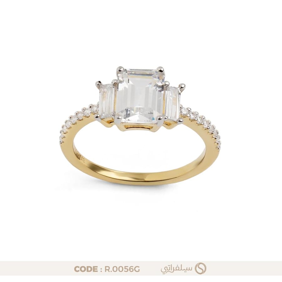 خاتم سوليتير فضة عيار 925 مرصع بالزركون مطلي روديوم وماء الذهب (R-0056G)