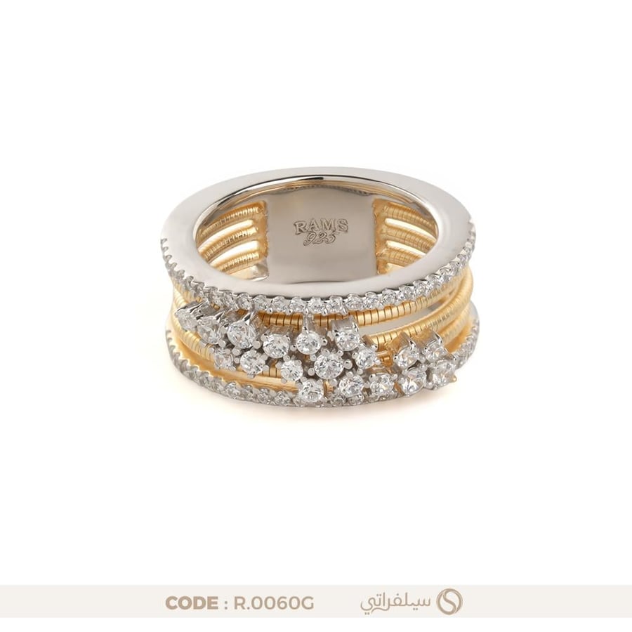 خاتم مزدوج مرصع بفصوص زركون فضة عيار 925 مطلي روديوم وماء الذهب (R-0060G)