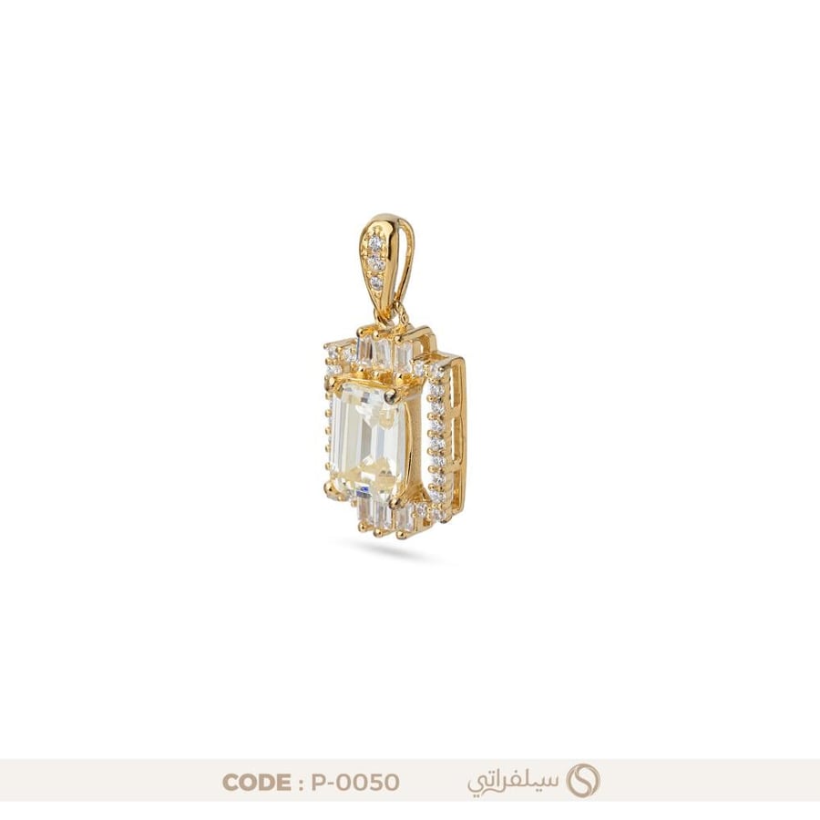 تعليقة مستطيلة بفص أبيض فضة عيار 925 مطلية روديوم وماء الذهب (P-0050)