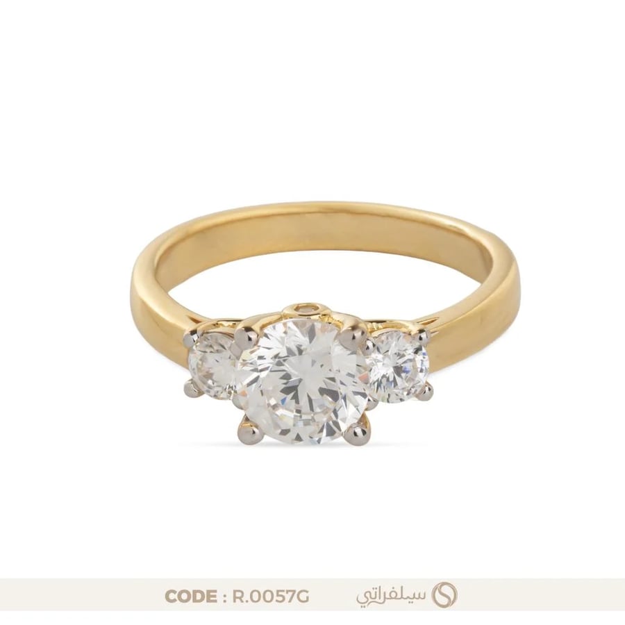 Three-Stone Round Zircon Ring, 925 Sterling Silver, Rhodium & Gold Plated (R-0057G)