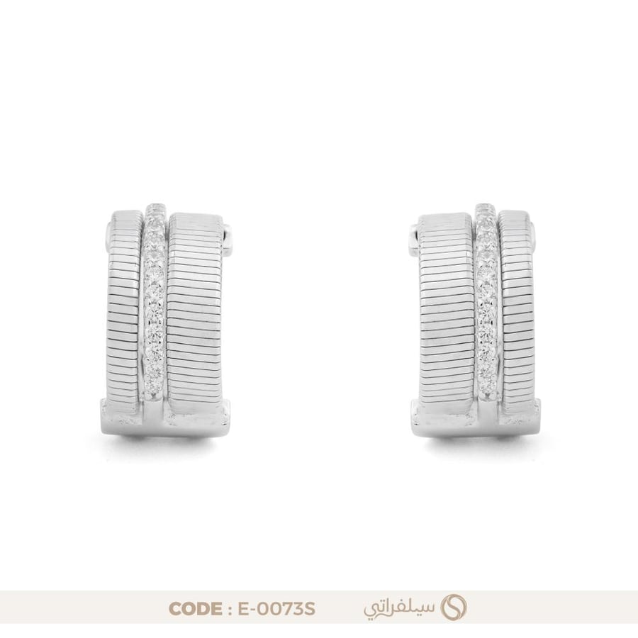 حلق فضة عيار 925 مرصع بالزركون بتصميم مخطط، مطلي روديوم (E-0073S)