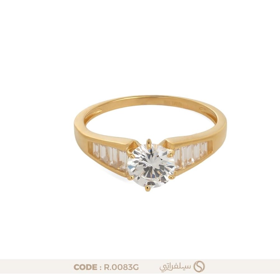 خاتم سوليتير باجيت فضة عيار 925 مرصع بالزركون مطلي روديوم وماء الذهب (R-0083G)