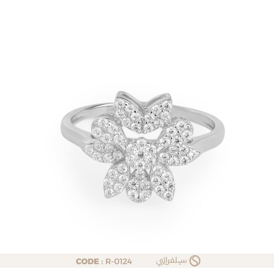 خاتم زهرة السوليتير فضة عيار 925 مرصع بالزركون مطلي روديوم (R-0124)