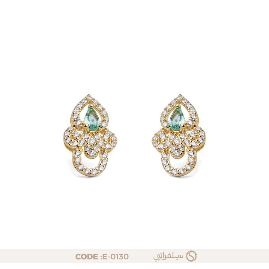 حلق دمعة فضة عيار 925 مرصع بالزركون وفص زمرد أخضر، مطلي روديوم وماء الذهب (E-0130)