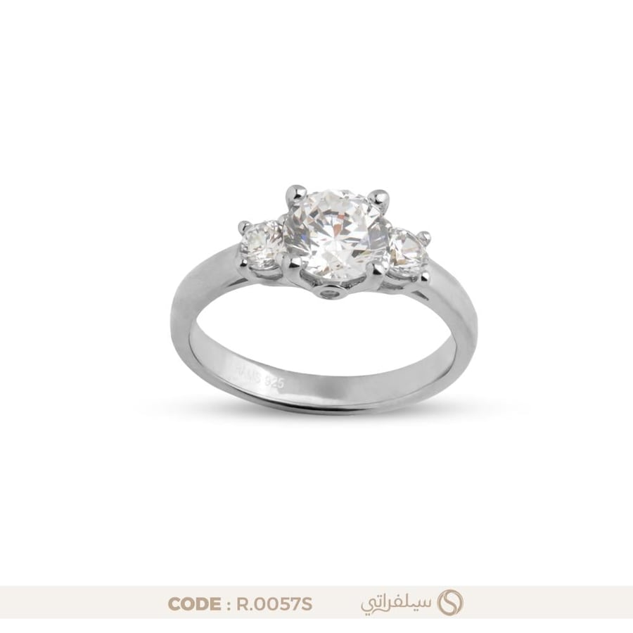 خاتم فضة نسائي مرصع بالزركون بتصميم ثلاثي عيار 925 مطلي روديوم (R-0057S)