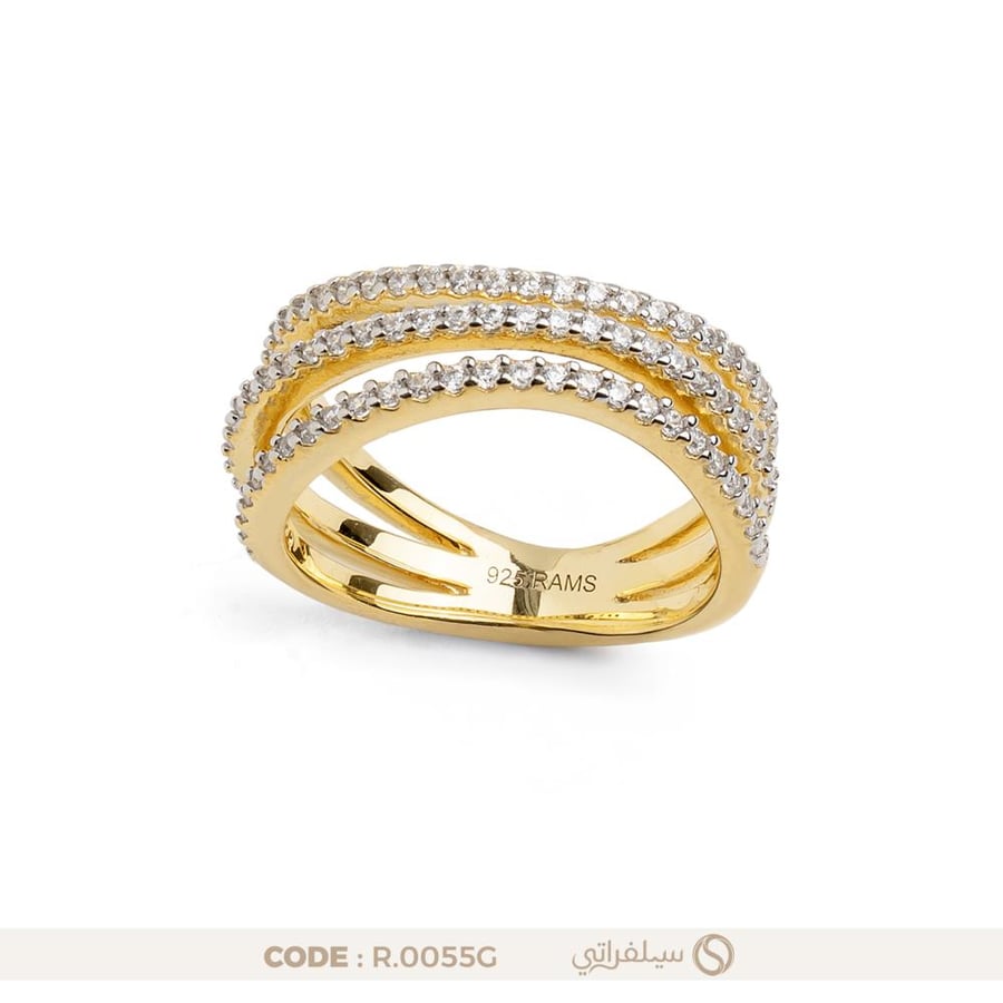 خاتم ثلاثي الصفوف فضة عيار 925 مطلي روديوم وماء الذهب (R-0055G)