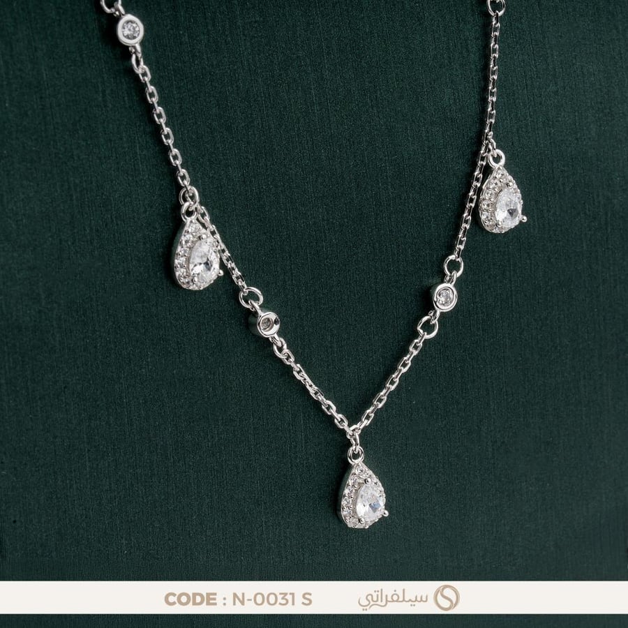 قلادة دمعة فضة عيار 925 مرصعة بالزركون، مطلية روديوم (N-0031S)