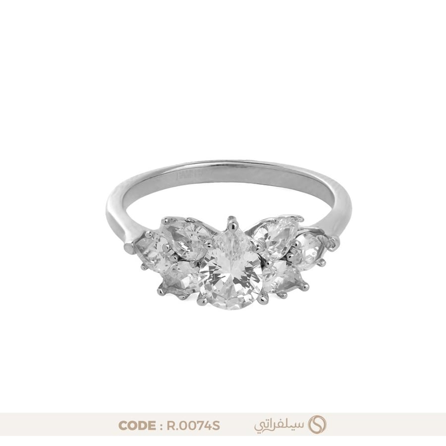 خاتم فضة عيار 925 بتصميم زهرة مرصع بفصوص زركون مطلي روديوم (R-0074S)