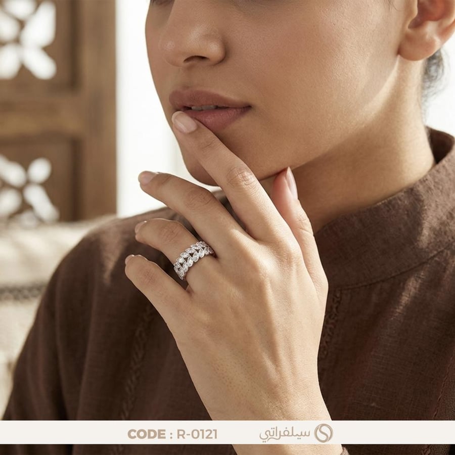 خاتم غصن الزيتون فضة عيار 925 مرصع بالزركون مطلي روديوم (R-0121)
