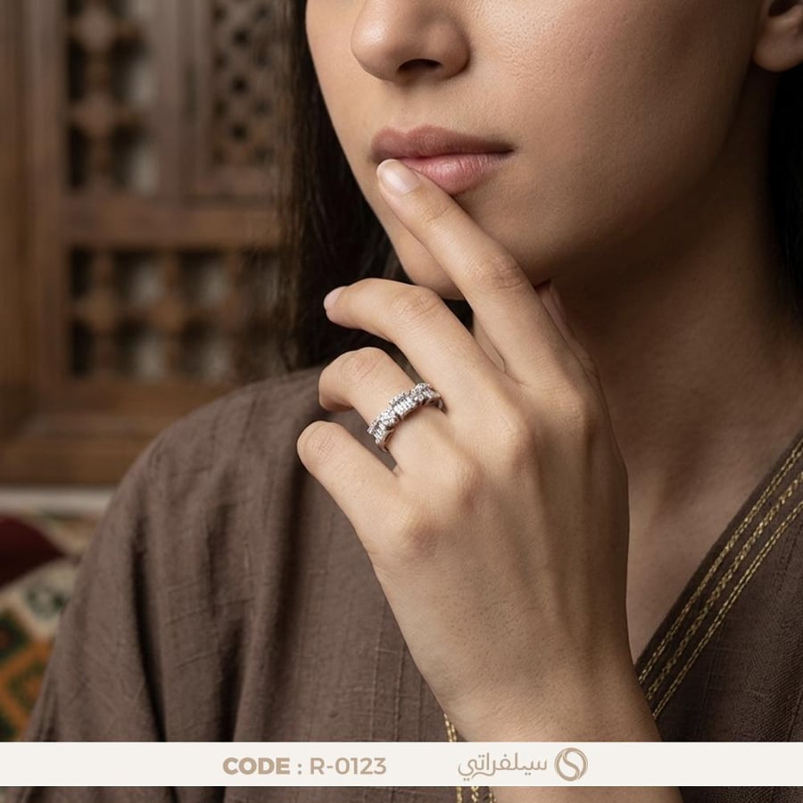 خاتم فضة عيار 925 مكعب مرصع بالزركون مطلي بالروديوم (R-0123)