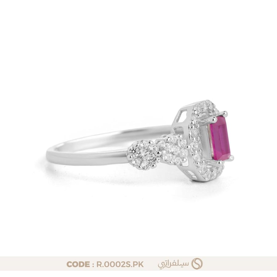 خاتم فص وردي مرصع بزركون فضة عيار 925 مطلي روديوم (R-0002S-PK)