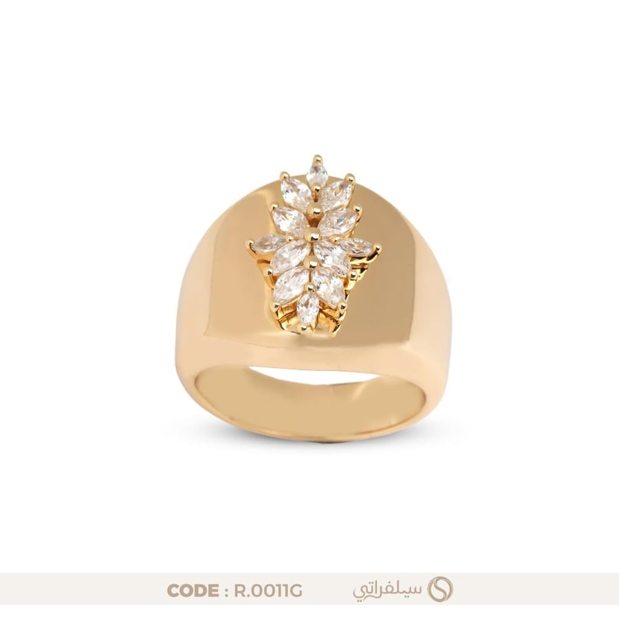 خاتم مرصع بفصوص كريستال فضة عيار 925 مطلي روديوم وماء الذهب (R-0011G)