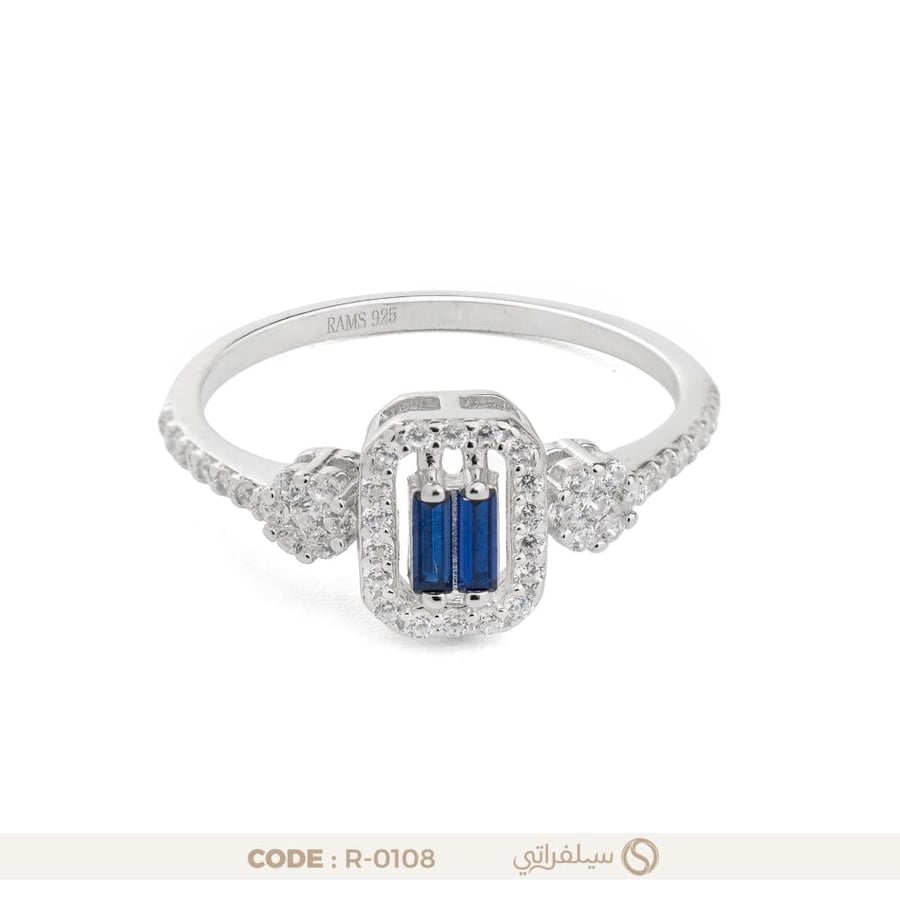 خاتم فضة نسائي بفص باجيت أزرق محاط بزركون بلمعان الألماس (R-0108)