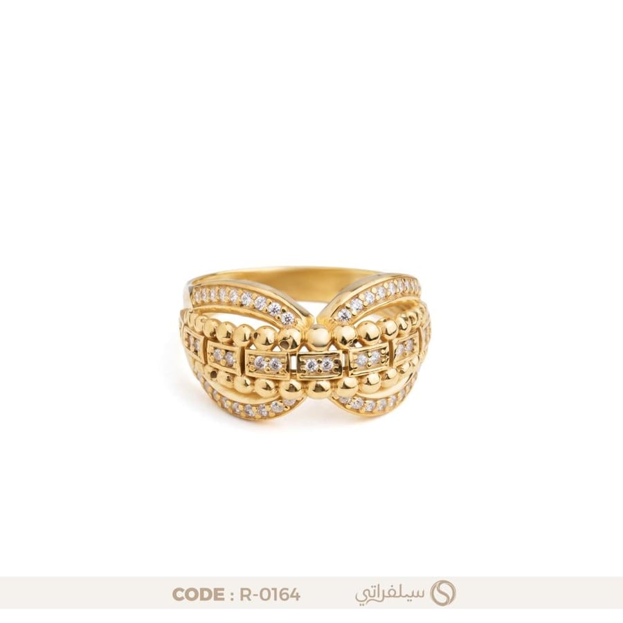 خاتم فضة فيونكة عيار 925 مرصع بالزركون، مطلي بالروديوم وماء الذهب (R-0164)