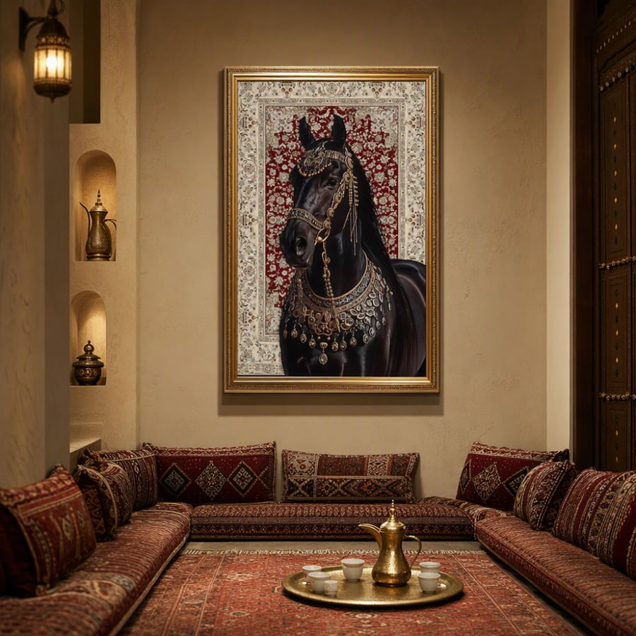 اللوحة فوق جلسة مجلس عربي بسجاد أحمر