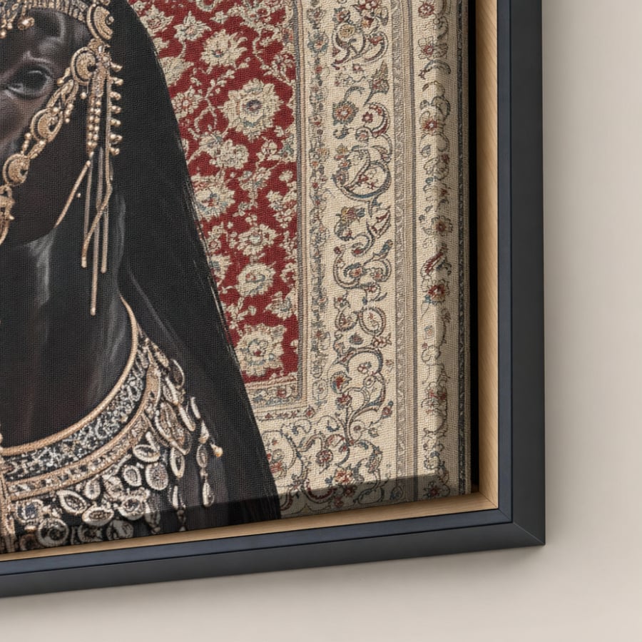 منظر مائل يبرز حافة الإطار وسطح لوحة خيل عربي أسود بزينة فضية