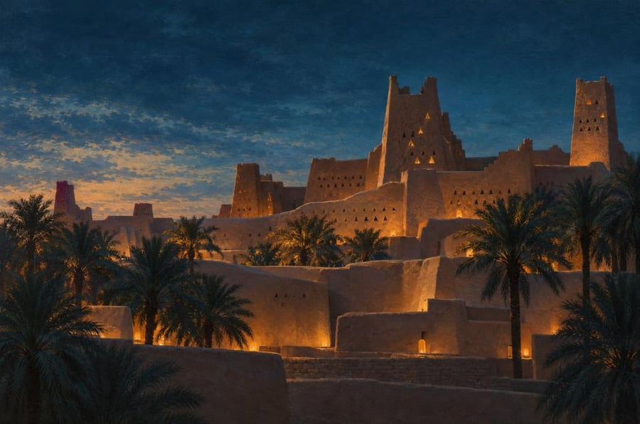 لوحة الدرعية في المساء بأضواء دافئة على جدران حي الطريف
