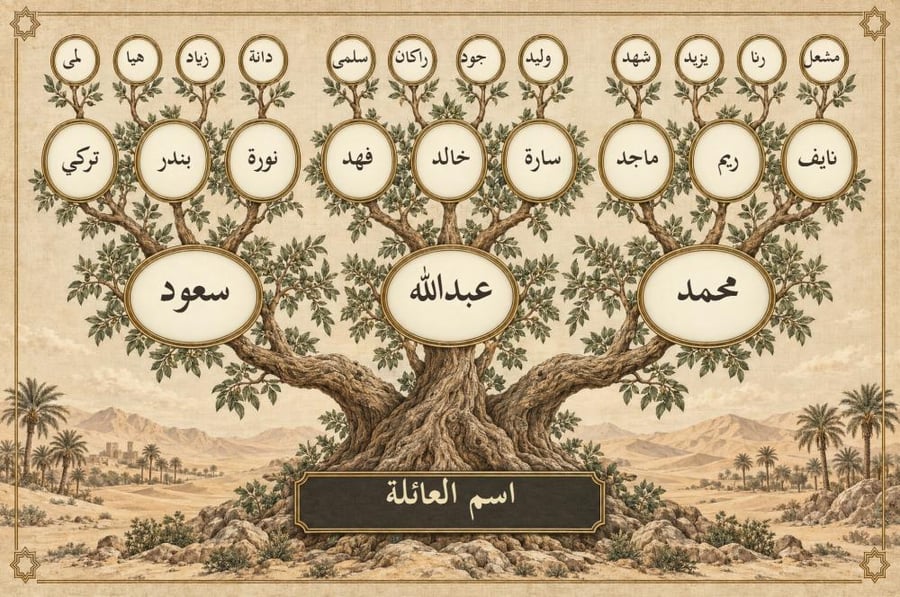 لوحة شجرة العائلة بأربعة أجيال واسم العائلة على جذع السدرة