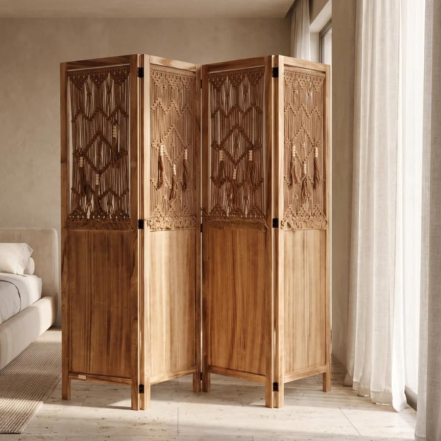 بارتشن مكرمية بني بحبال كاميل وخرز خشبي وإطار خشب طبيعي 4 ألواح 160×170 سم