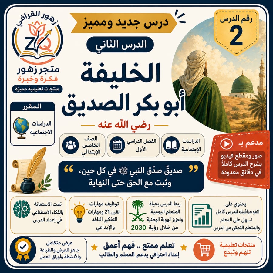 الدرس الثاني-الخليفة ابو بكر الصديق-الوحدة الأولى-الصف الخامس-الفصل الدراسي الأول-نسخة جديدة مطورة مدعمة بالذكاء الاصطناعي