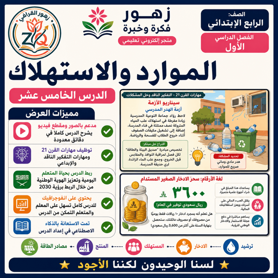 الدرس الخامس عشر-الموارد والاستهلاك-الوحدة الثانية-الصف الرابع -الفصل الدراسي الأول-نسخة جديدة مطورة مدعمة بالذكاء الاصطناعي