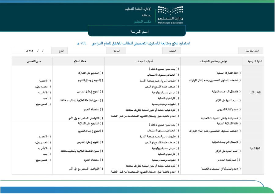 استمارة علاج ومتابعة المستوى التحصيلي للطالب المخفق