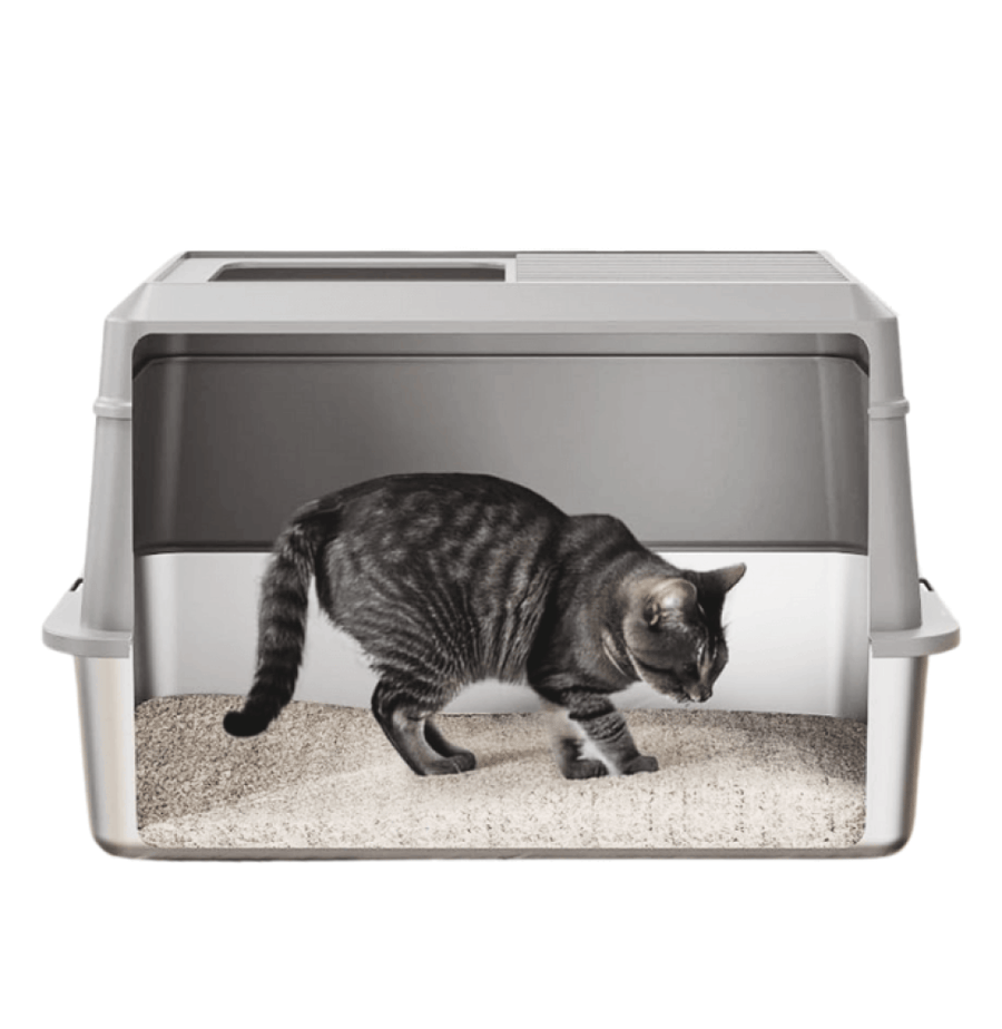 ليتر بوكس مغلق 3 في 1 للقطط بقاعدة ستانلس ستيل مع مدخل علوي ودرجة أمامية | 3-in-1 Enclosed Cat Litter Box with Stainless Steel Base, Top Entry & Step