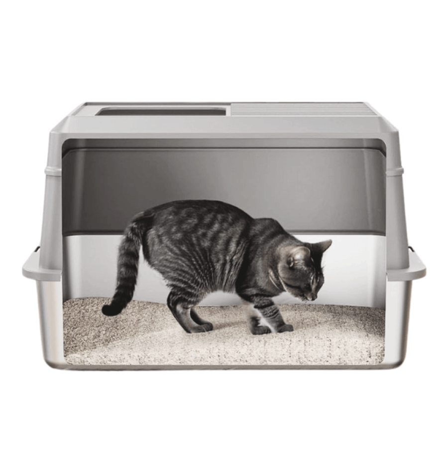 ليتر بوكس مغلق 3 في 1 للقطط بقاعدة ستانلس ستيل مع مدخل علوي ودرجة أمامية | 3-in-1 Enclosed Cat Litter Box with Stainless Steel Base, Top Entry & Step