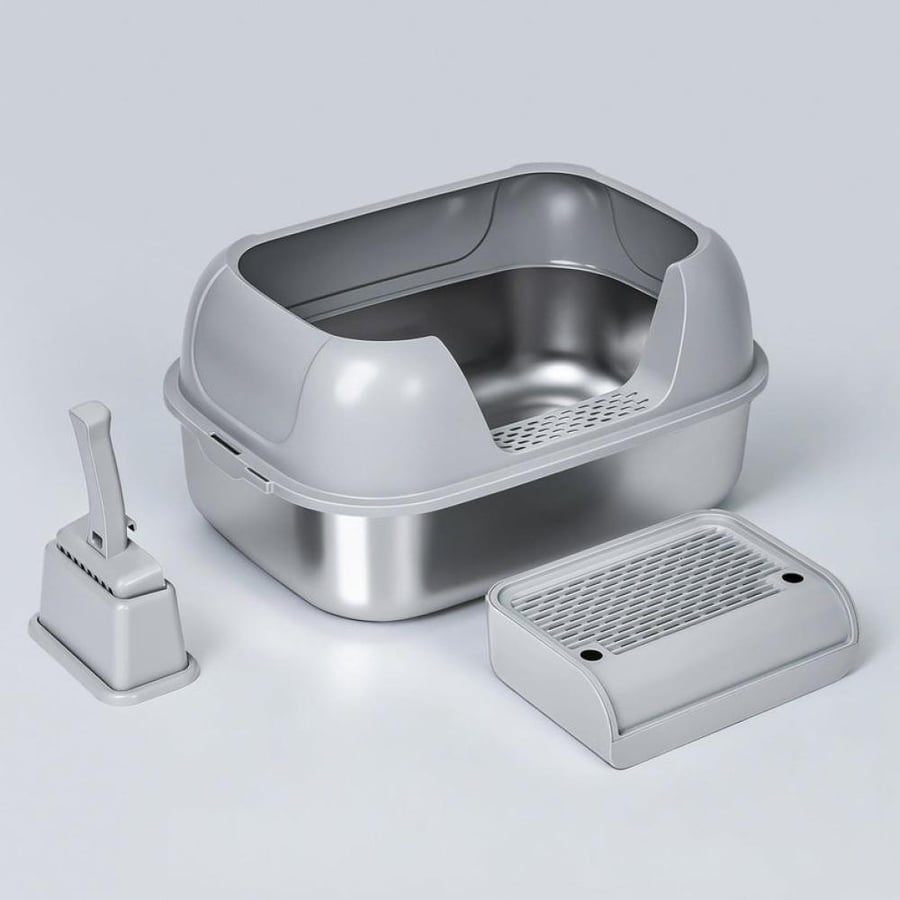 ليتر بوكس مفتوح للقطط بقاعدة ستانلس ستيل مع درجة أمامية ومغرفة | Open Cat Litter Box with Stainless Steel Base, Step & Scoop