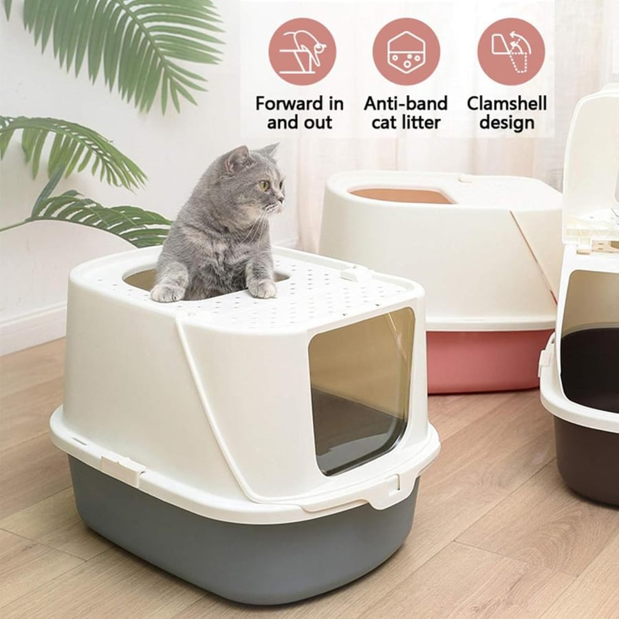 صندوق فضلات مغلق للقطط بمدخل أمامي وفتحة علوية مع مغرفة | Enclosed Cat Litter Box with Front Entry, Top Opening & Scoop – Dark Brown