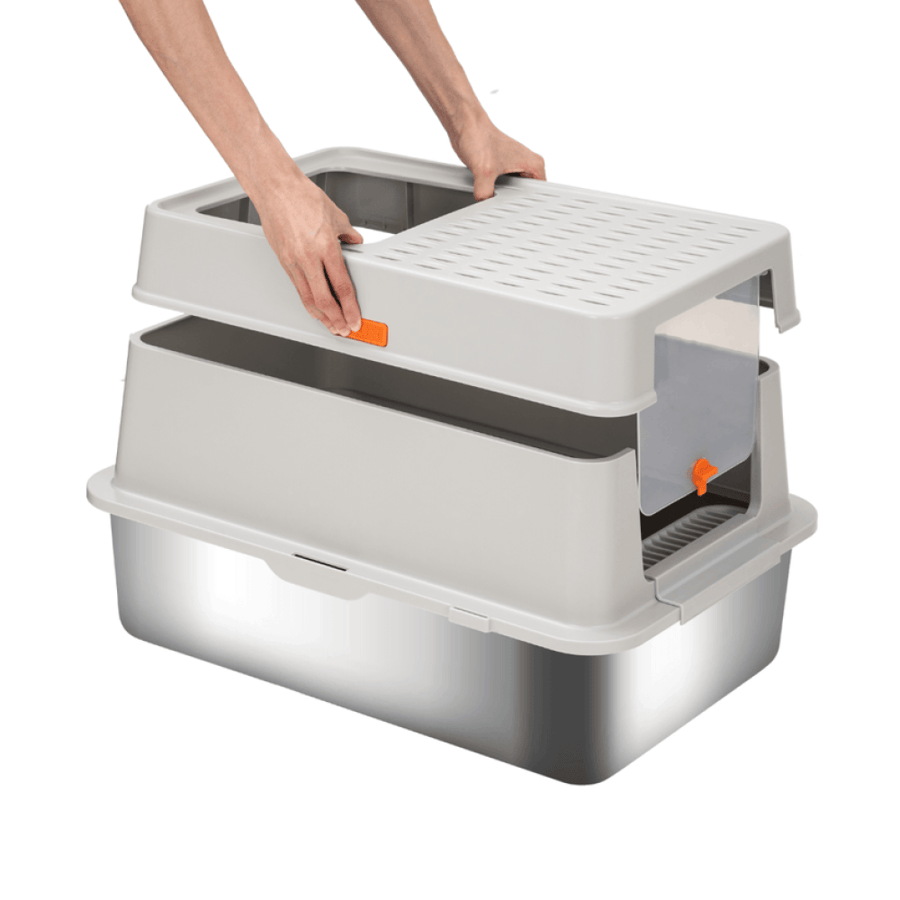 ليتر بوكس مغلق 3 في 1 للقطط بقاعدة ستانلس ستيل مع مدخل علوي ودرجة أمامية | 3-in-1 Enclosed Cat Litter Box with Stainless Steel Base, Top Entry & Step