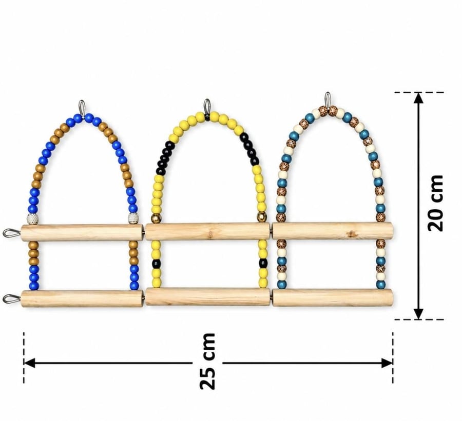 أرجوحة خشبية مزدوجة للطيور مع خرز ملون | Double Wooden Bird Swing with Colorful Beads