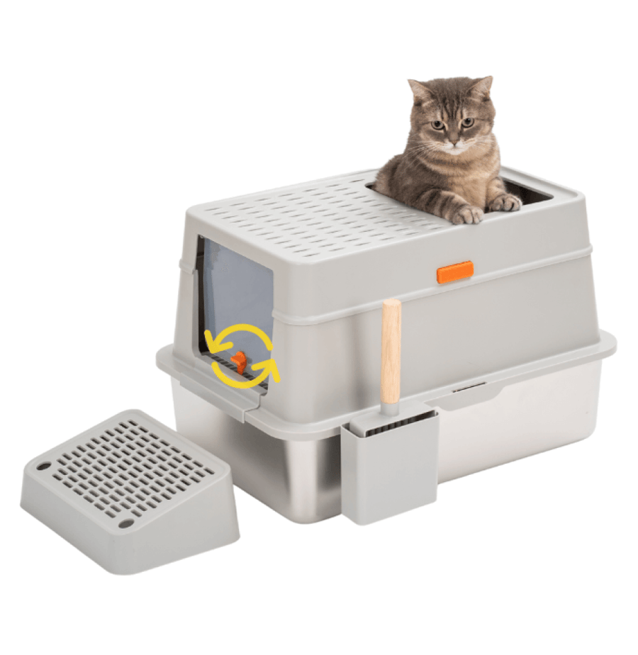 ليتر بوكس مغلق 3 في 1 للقطط بقاعدة ستانلس ستيل مع مدخل علوي ودرجة أمامية | 3-in-1 Enclosed Cat Litter Box with Stainless Steel Base, Top Entry & Step