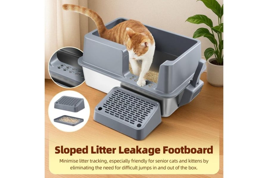 ليتر بوكس مفتوح كبير للقطط بقاعدة ستانلس ستيل مع درجة أمامية ومغرفة | Large Open Cat Litter Box with Stainless Steel Base, Step & Scoop