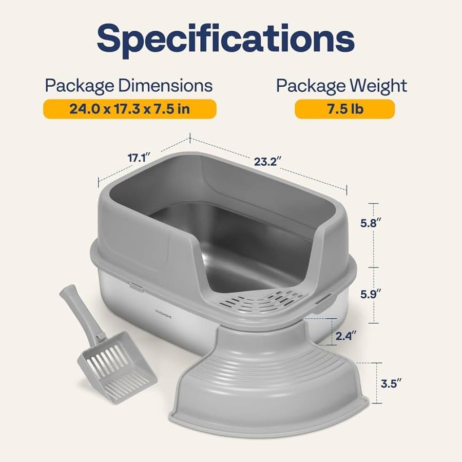 ليتر بوكس مفتوح كبير للقطط بقاعدة ستانلس ستيل مع درجة أمامية ومغرفة | Large Open Stainless Steel Cat Litter Box with Step & Scoop