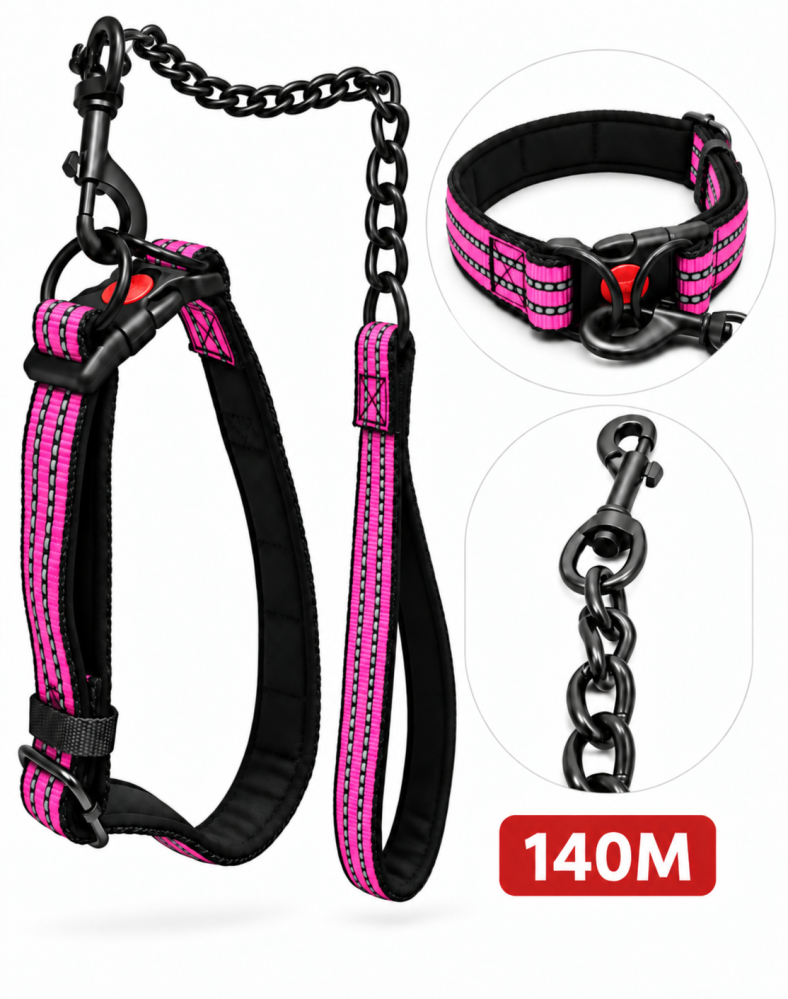 طوق ومقود كلاب مبطن مع سلسلة معدنية – متوفر بعدة ألوان | Padded Dog Collar & Leash Set with Metal Chain – Available in Multiple Colors