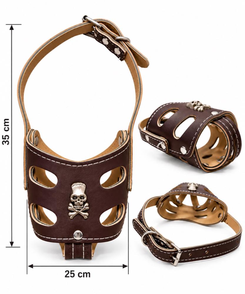 كمامة جلدية للكلاب بتصميم جمجمة معدنية – متوفرة بعدة مقاسات | Leather-Look Dog Muzzle with Metal Skull Emblem – Available in Multiple Sizes