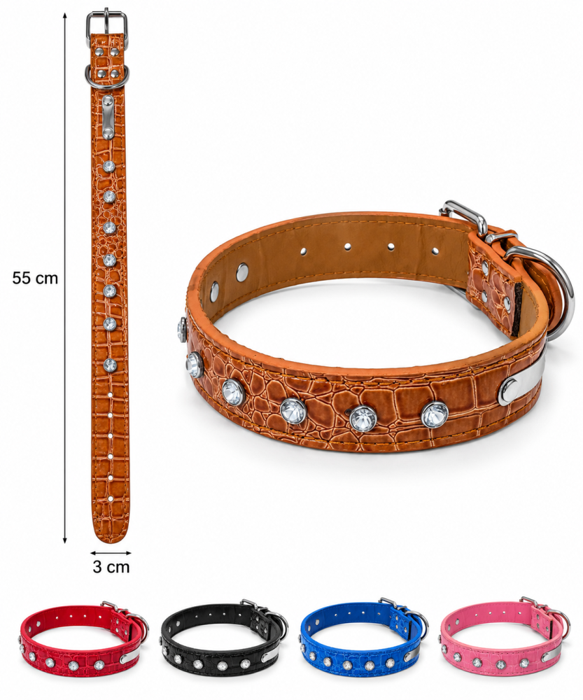 طوق رقبة للكلاب بنقشة جلد التمساح وفصوص لامعة – متوفر بعدة ألوان | Crocodile Pattern Dog Collar with Rhinestones – Available in Multiple Colors
