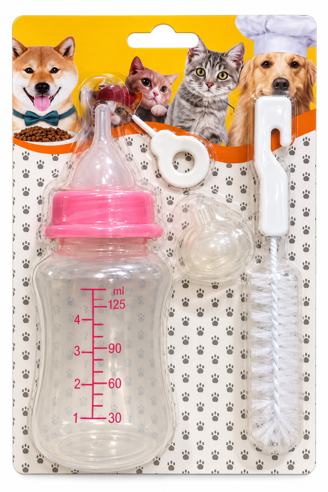 رضاعة حليب للقطط والكلاب حديثة الولادة مع حلمة إضافية وفرشاة تنظيف | Pet Nursing Milk Bottle Kit with Extra Nipple & Cleaning Brush