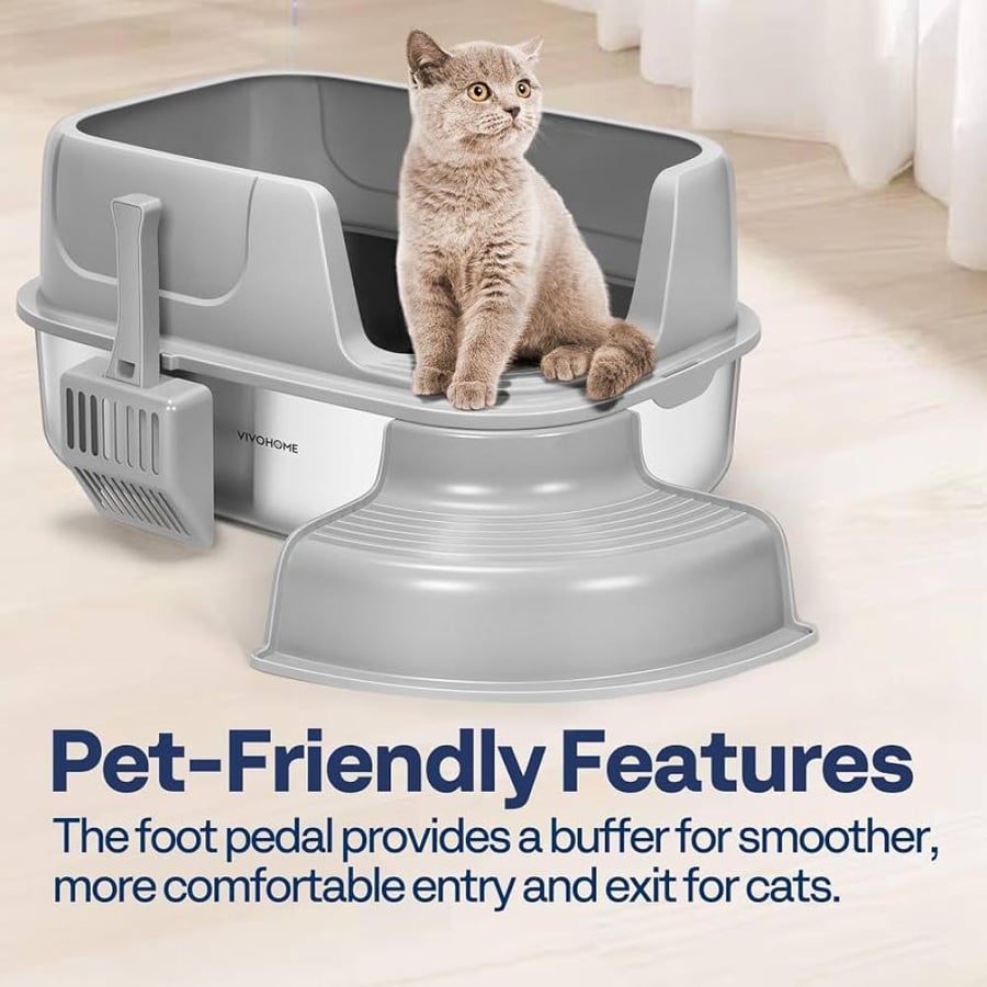 ليتر بوكس مفتوح كبير للقطط بقاعدة ستانلس ستيل مع درجة أمامية ومغرفة | Large Open Stainless Steel Cat Litter Box with Step & Scoop