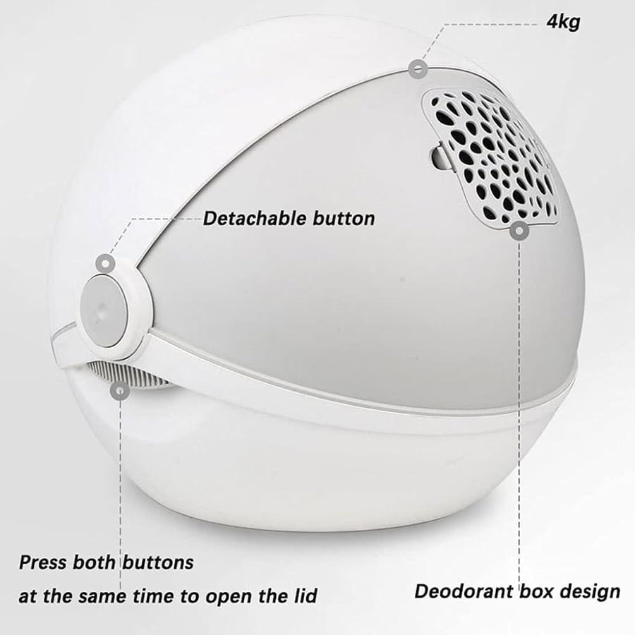 صندوق فضلات مغلق دائري للقطط بغطاء قابل للفتح وفلتر كربوني مع مغرفة | Modern Round Hooded Cat Litter Box with Carbon Filter & Scoop