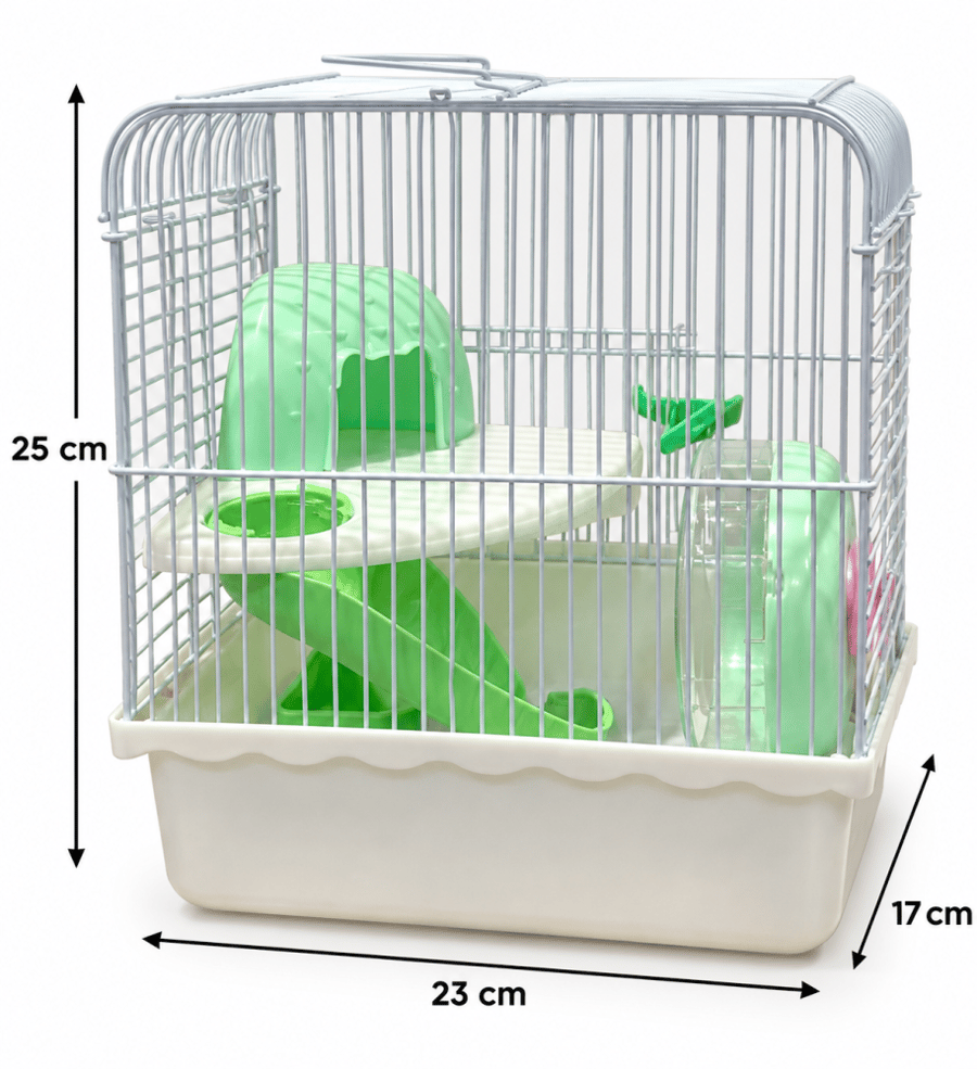 قفص هامستر بطابقين مع بيت وألعاب وإكسسوارات – أبيض وأخضر \| Two\-Level Hamster Cage with House & Accessories – White & Green