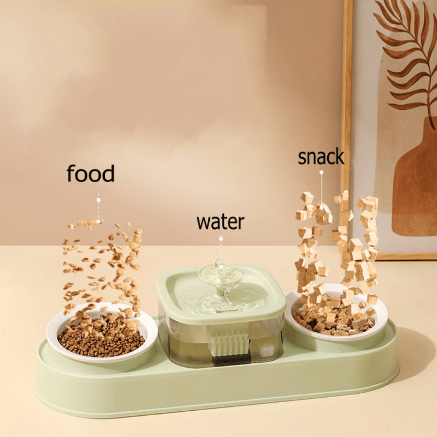 طقم إطعام 3 في 1 للقطط والكلاب مع نافورة مياه ووعائين للطعام | 3-in-1 Pet Feeding Station with Water Fountain & Dual Food Bowls