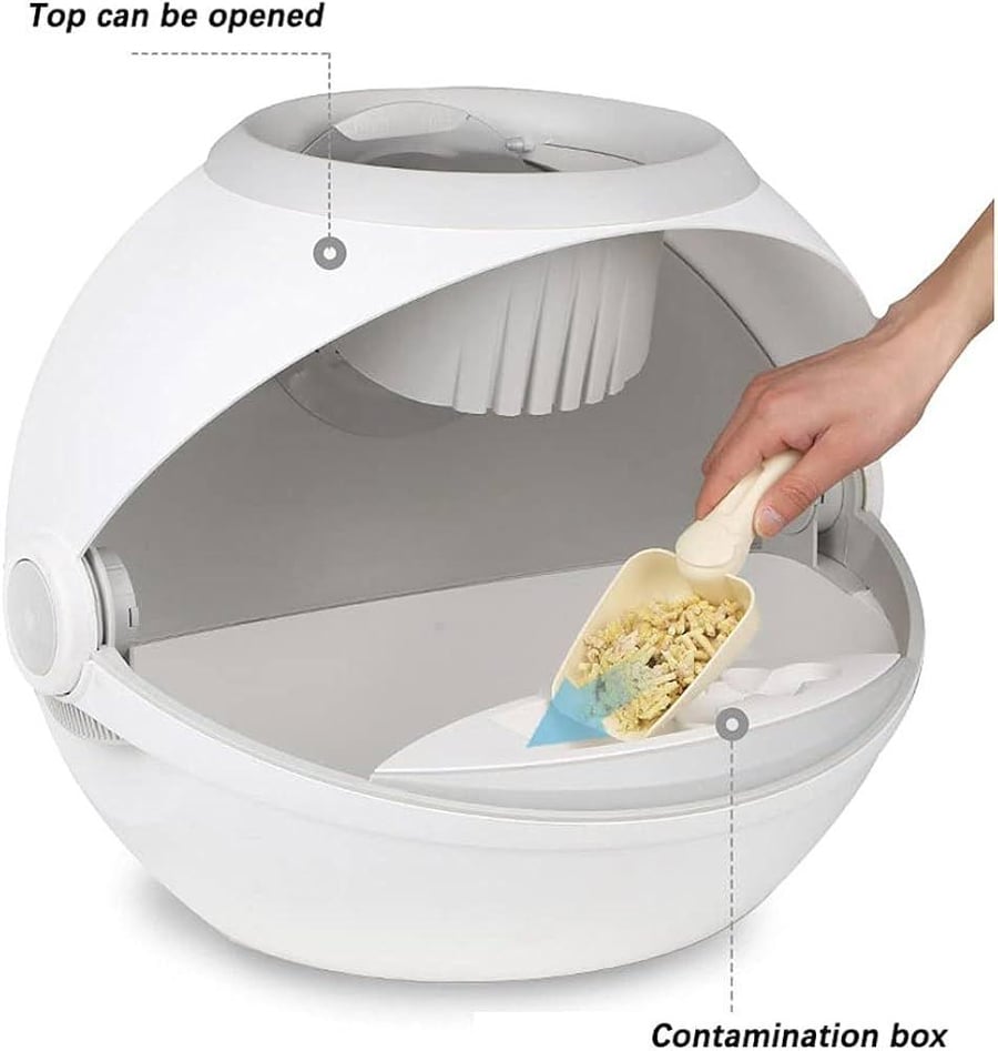 صندوق فضلات مغلق دائري للقطط بغطاء قابل للفتح وفلتر كربوني مع مغرفة | Modern Round Hooded Cat Litter Box with Carbon Filter & Scoop